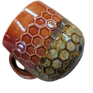 Honeycomb Bee Pattern Ceramic Mug Brown Green Speckled Abstract Handle Like New